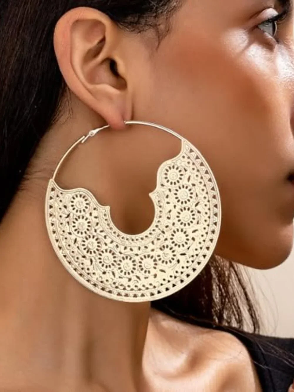 New - Chunky Metal Hoop‎ Earrings Vintage Bohemian Textured Statement Earrings